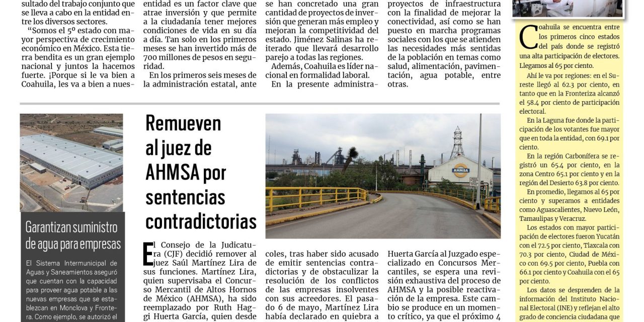 Portada RCG Centro [22 de junio de 2024] Coahuila, top 5 en crecimiento económico; servicios gratuitos buscan prevenir suicidios y más…
