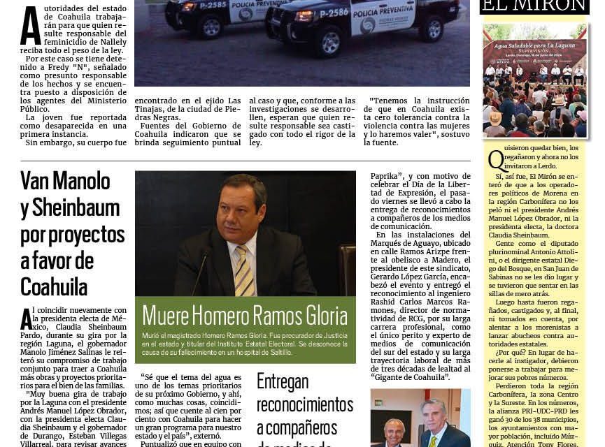 Portada RCG Fronteriza [17 de junio de 2024] Busca Coahuila todo el peso de la ley para feminicida; van Manolo y Sheinbaum por proyectos a favor de Coahuila y más…