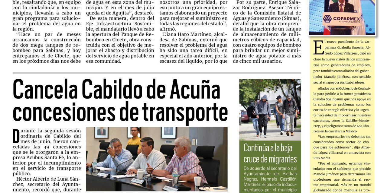 Portada RCG Fronteriza [29 de junio de 2024] Cancela Cabildo de Acuña concesiones de transporte; mantiene Emilio De Hoyos entrega de obras de pavimentación y más…