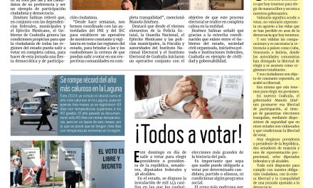 Portada RCG Lagunera [2 de junio de 2024] Coahuila en orden y en paz para estas elecciones: Manolo Jiménez; Fortalece Salud Municipal combate contra garrapatas y más…