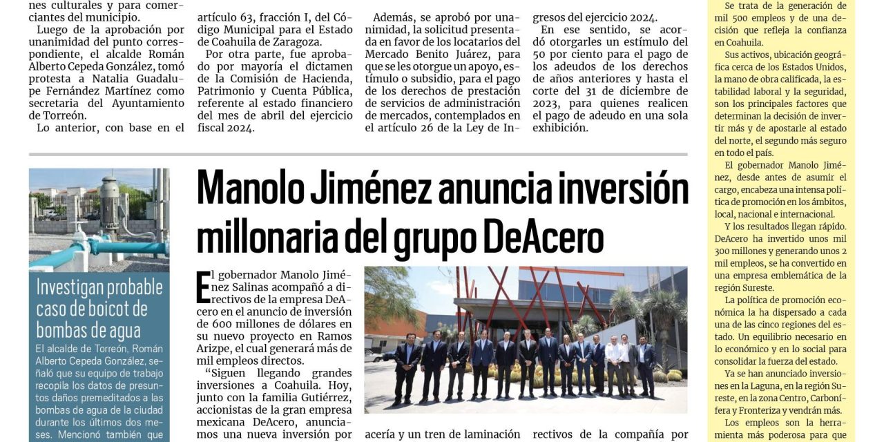 Portada RCG Lagunera [6 de junio de 2024] Designa Cabildo de Torreón a nueva secretaria del Ayuntamiento; en Torreón la delincuencia no se va a meter: Román Cepeda y más…