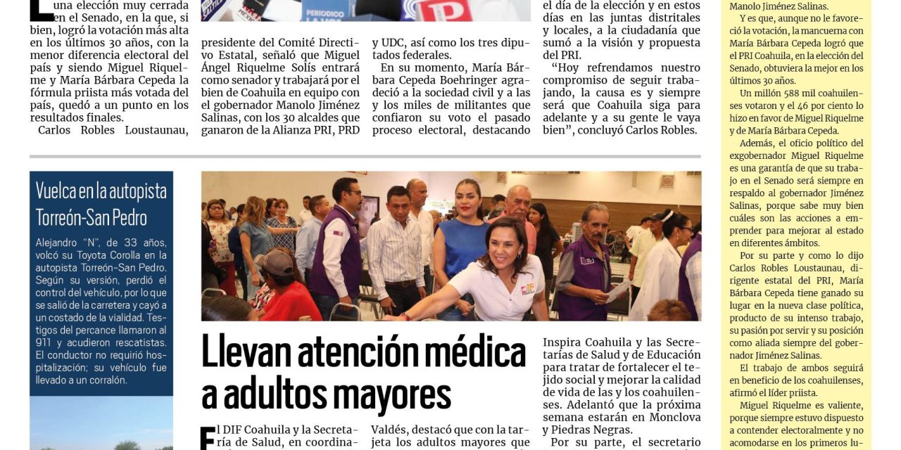 Portada RCG Lagunera [9 de junio de 2024] Miguel Riquelme será senador por Coahuila; Realizan obras nocturnas de señalización en Torreón y más…