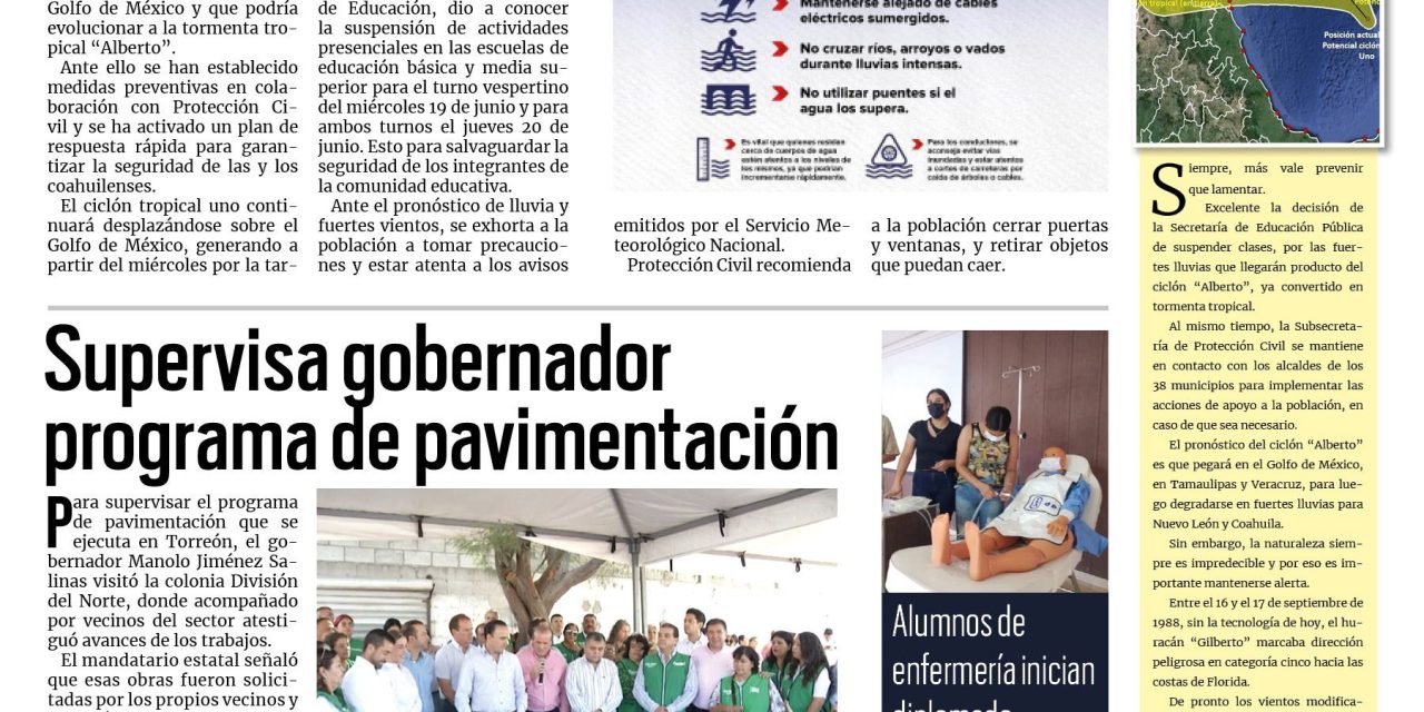 Portada RCG Lagunera [19 de junio de 2024] Coahuila, listo por llegada de ciclón; PC de Torreón llama a evitar riesgos ante lluvias y más…