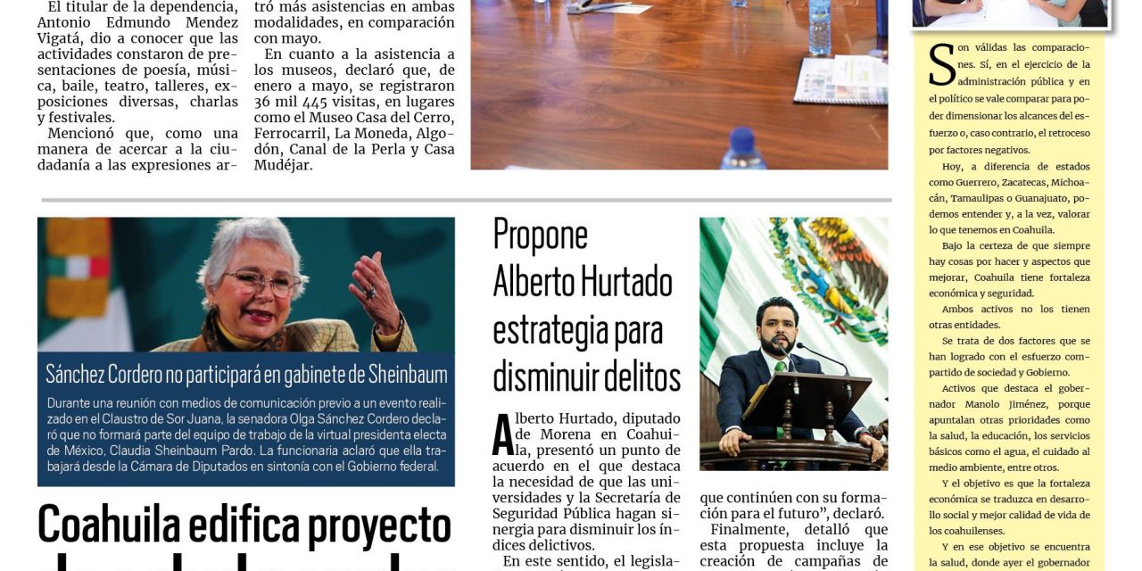 Portada RCG Lagunera [26 de junio de 2024] Al alza la asistencia a eventos culturales en Torreón; continúa proceso de reforestación y educación y más…