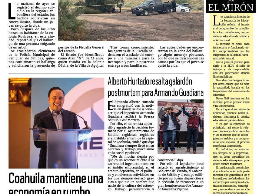 Portada RCG Carbonífera [16 de julio de 2024] Suman 10 suicidios en la región Carbonífera; detienen a 3 por presunto homicidio y más…