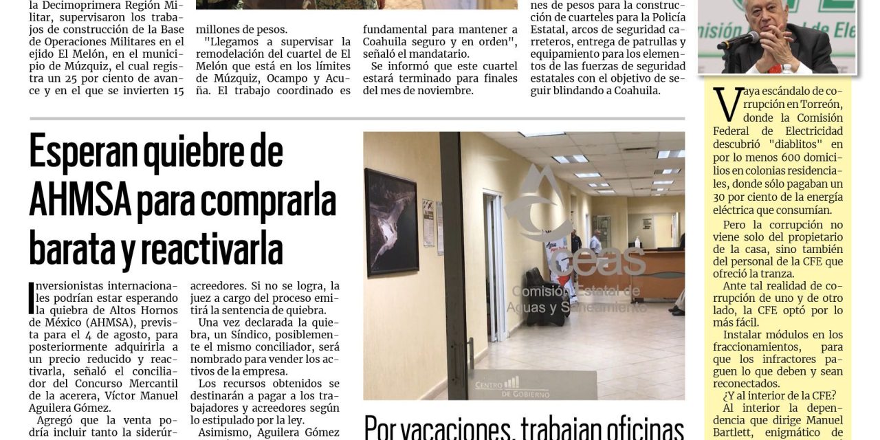 Portada RCG Centro [28 de julio de 2024] Supervisa Manolo Jiménez obras militares en Coahuila; Rescatan a 3 trabajadores en cisterna en un jardín de niños y más…