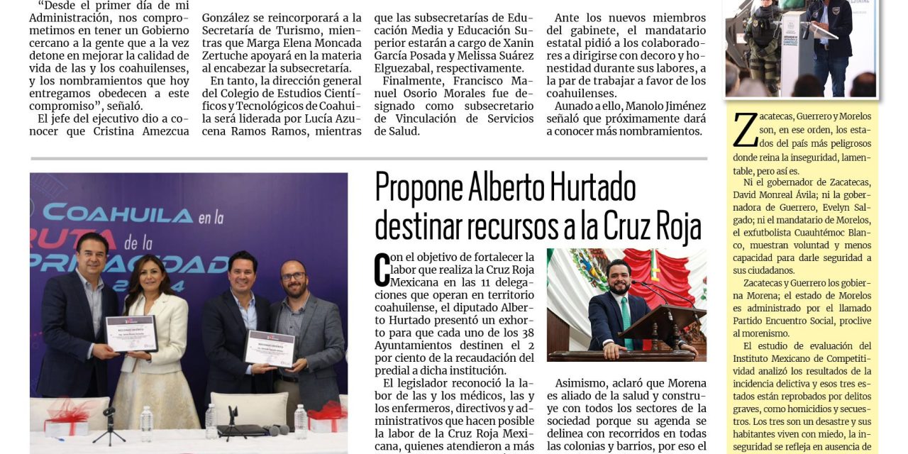 Portada RCG Lagunera [10 de julio de 2024] Anuncia Manolo Jiménez nuevos nombramientos de su gabinete; supervisa Ayuntamiento construcción de techumbre y más…