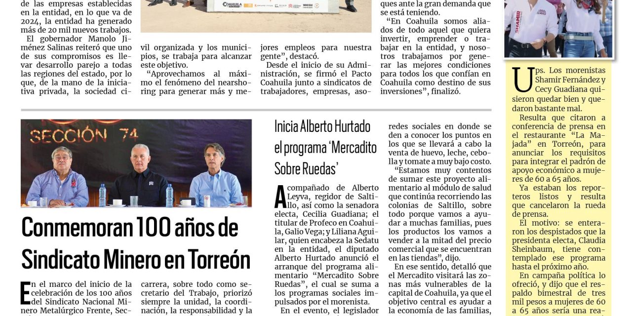 Portada RCG Lagunera [18 de julio de 2024] ‘Es Coahuila uno de los mejores lugares para trabajar’; conmemoran 100 años de Sindicato Minero en Torreón y más…