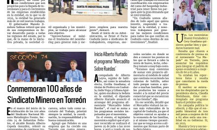 Portada RCG Lagunera [18 de julio de 2024] ‘Es Coahuila uno de los mejores lugares para trabajar’; conmemoran 100 años de Sindicato Minero en Torreón y más…