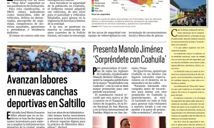 Portada RCG Media [09 de julio de 2024] IMCO coloca a Coahuila con calificación ‘Muy Alta’ en seguridad; avanzan labores en nuevas canchas deportivas en Saltillo y más…