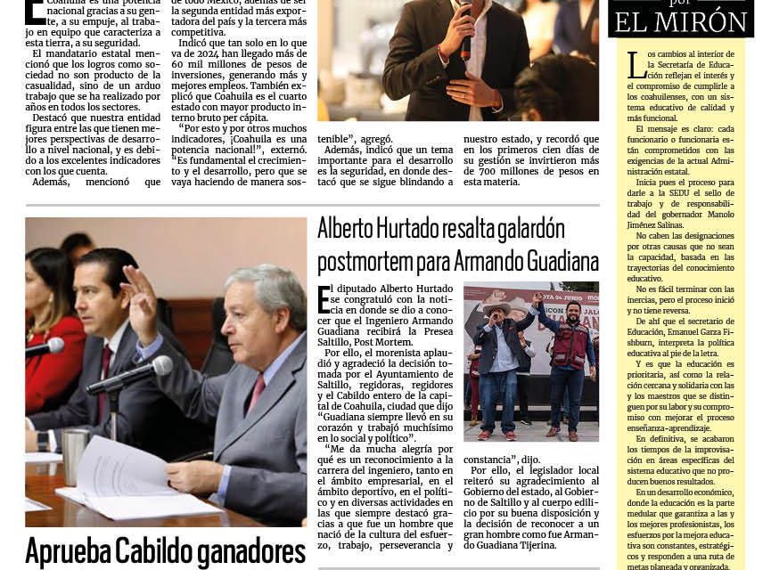 Portada RCG Media [16 de julio de 2024] Coahuila mantiene una economía en rumbo; aprueba Cabildo ganadores de la Presea Saltillo y más…