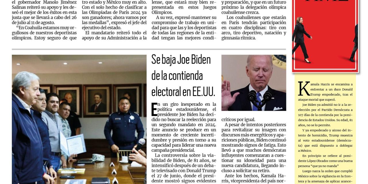 Portada RCG Media [22 de julio de 2024] Desea Manolo Jiménez éxito a coahuilenses en París 2024; Chema Fraustro reconoce apoyo ciudadano en la seguridad y más…