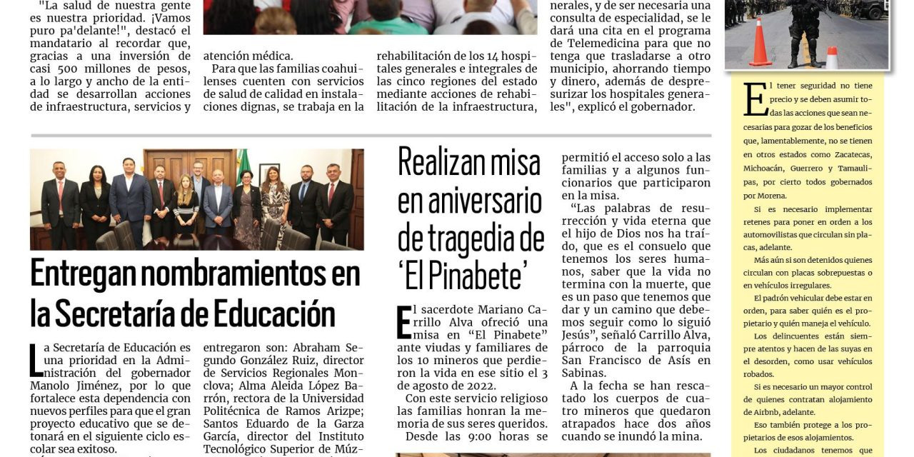 Portada RCG Carbonífera [4 de agosto de 2024] Fortalece Coahuila servicios de salud para nuestra gente: Manolo; Fortalecen turismo de aventuras en Sabinas y más…