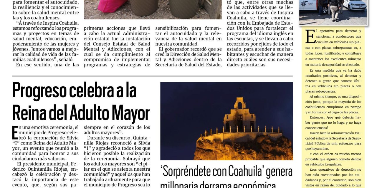 Portada RCG Carbonífera [17 de agosto de 2024] Inspira Coahuila refuerza programas de atención a salud mental; aumenta demanda para regularizar vehículos americanos y más…