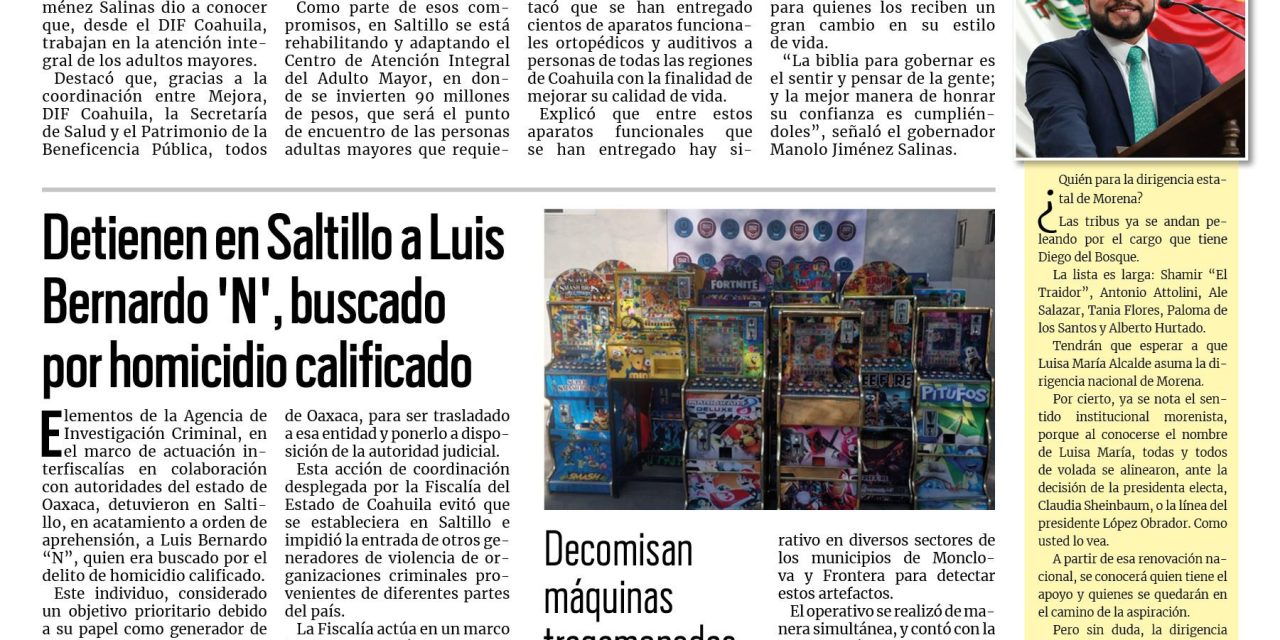 Portada RCG Centro [8 de agosto de 2024] Brinda Coahuila atención integral a los adultos mayores; detienen en Saltillo a Luis Bernardo “N”, situación de AHMSA podría ser abordada por la federación y más…