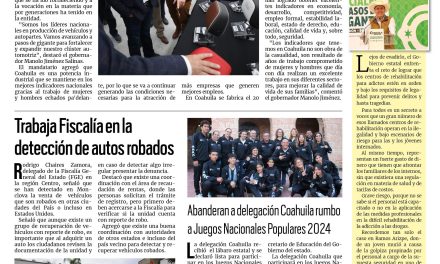Portada RCG Centro [18 de agosto de 2024] Coahuila es líder en producción de vehículos y autopartes; Obreros de AHMSA podrían buscar trabajo a través de la CTM y más…