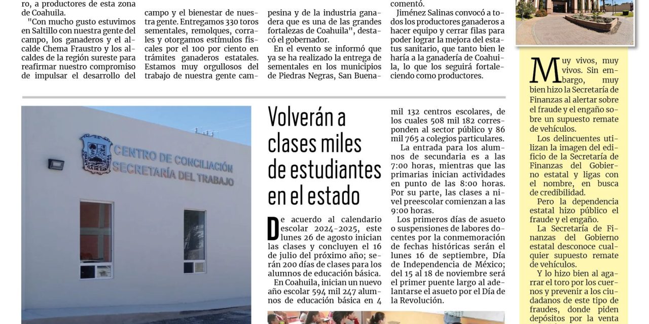 Portada RCG Centro [24 de agosto de 2024] Trabaja Manolo Jiménez para dar rumbo al campo coahuilense; buscan abrir una oficina municipal de PRONNIF y más…