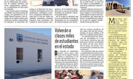 Portada RCG Centro [24 de agosto de 2024] Trabaja Manolo Jiménez para dar rumbo al campo coahuilense; buscan abrir una oficina municipal de PRONNIF y más…