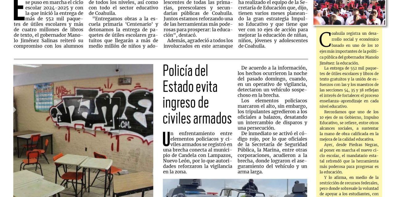 Portada RCG Centro [27 de agosto de 2024] Coahuila arranca nuevo ciclo escolar; atiende Pronnif caso de menores explotadas y más…