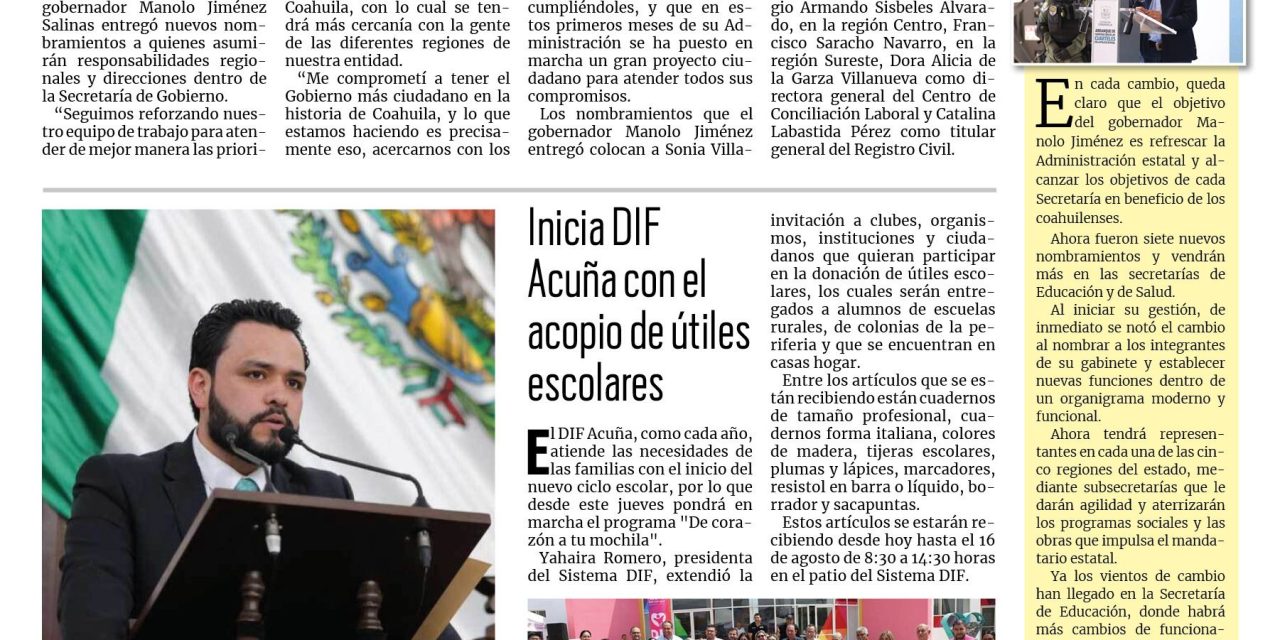 Portada RCG Fronteriza [1 de agosto de 2024] Designa Manolo Jiménez nuevos nombramientos de su gabinete; ofrece Acuña becas de educación para mujeres y más…