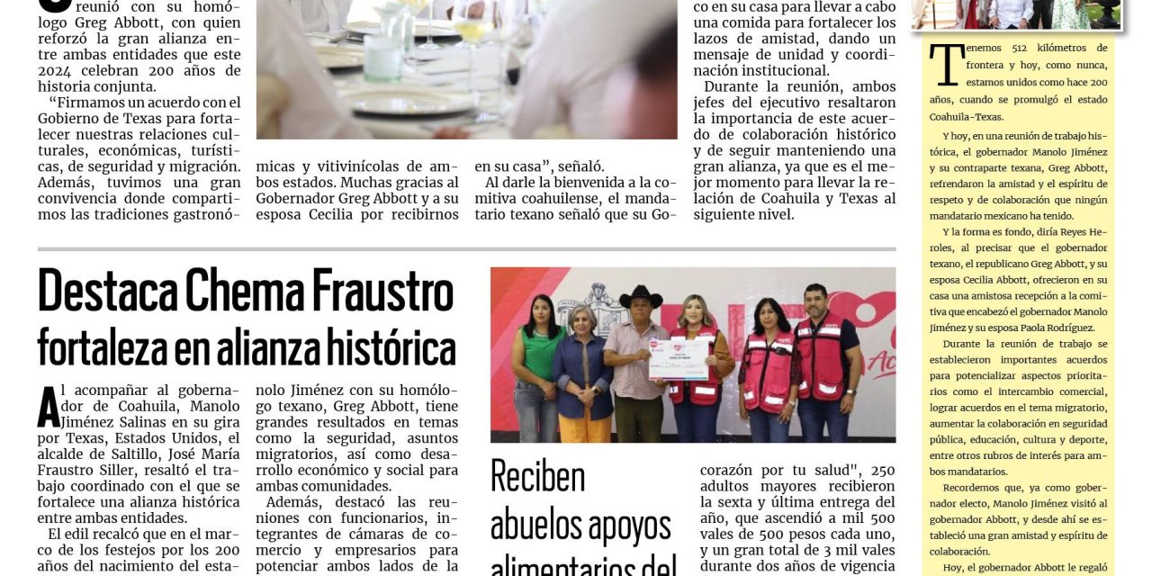 Portada RCG Fronteriza [20 de agosto de 2024] Se reúnen gobernadores de Coahuila y Texas; entrega Emilio de Hoyos obra de pavimentación  y más…