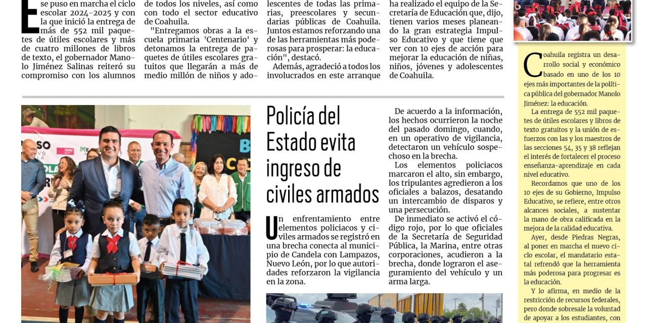 Portada RCG Fronteriza [27 de agosto de 2024] Coahuila arranca nuevo ciclo escolar; refuerzan operativo vial con el regreso a clases  y más…
