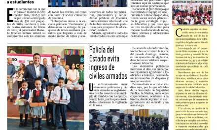 Portada RCG Fronteriza [27 de agosto de 2024] Coahuila arranca nuevo ciclo escolar; refuerzan operativo vial con el regreso a clases  y más…