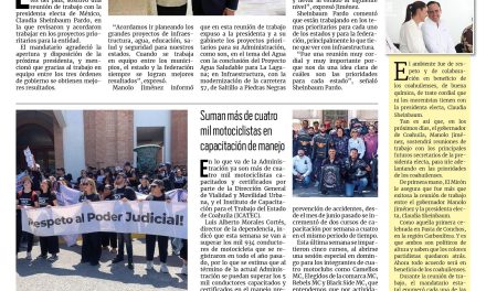 Portada RCG Lagunera [7 de agosto de 2024] Se reúnen Sheinbaum y Manolo para trabajar en equipo por Coahuila; suman más de cuatro mil motociclistas en capacitación de manejo y más…