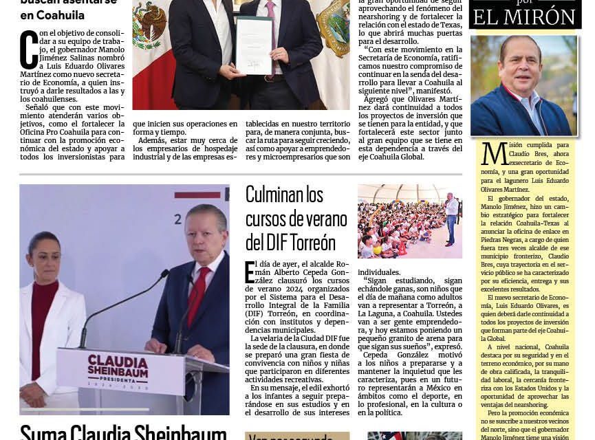 Portada RCG Lagunera [2 de agosto de 2024] Manolo Jiménez nombra a Luis Olivares como secretario de Economía; modificará Conagua líneas de Agua Saludable para la Laguna  y más…