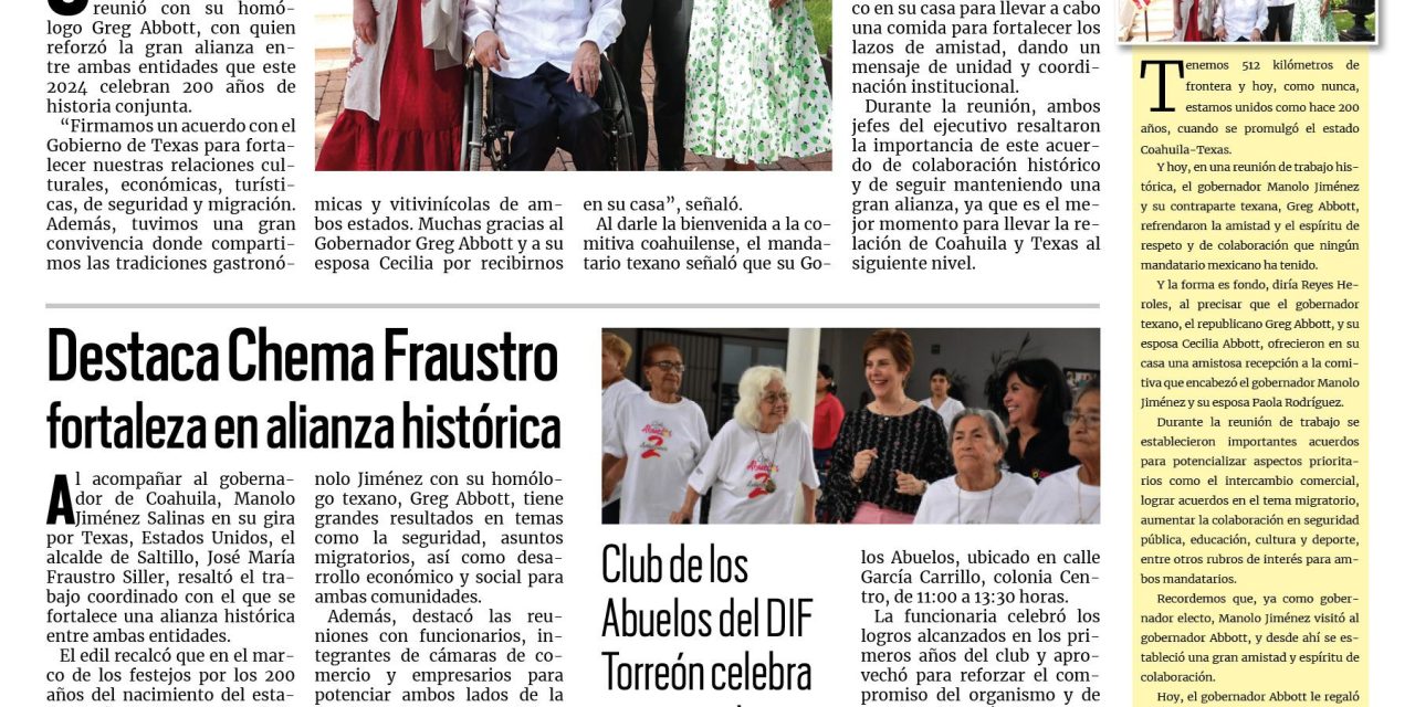 Portada RCG Lagunera [20 de agosto de 2024] Se reúnen gobernadores de Coahuila y Texas; buscan impulsar el respeto a los peatones y más…
