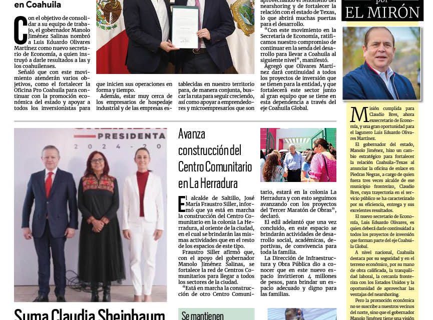 Portada RCG Media [2 de agosto de 2024] Manolo Jiménez nombra a Luis Olivares como secretario de Economía; suma Sheinbaum a Arturo Zaldívar y Leticia Ramírez a su gabinete y más…