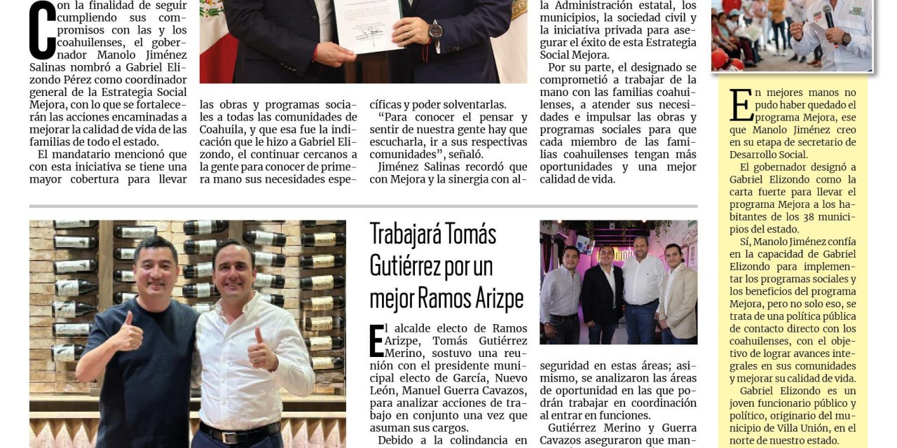 Portada RCG Media [6 de agosto de 2024] Manolo Jiménez designa a Gabriel Elizondo como coordinador de Mejora Coahuila; invertirá ZC Rubber 500 mdd en Coahuila y más…