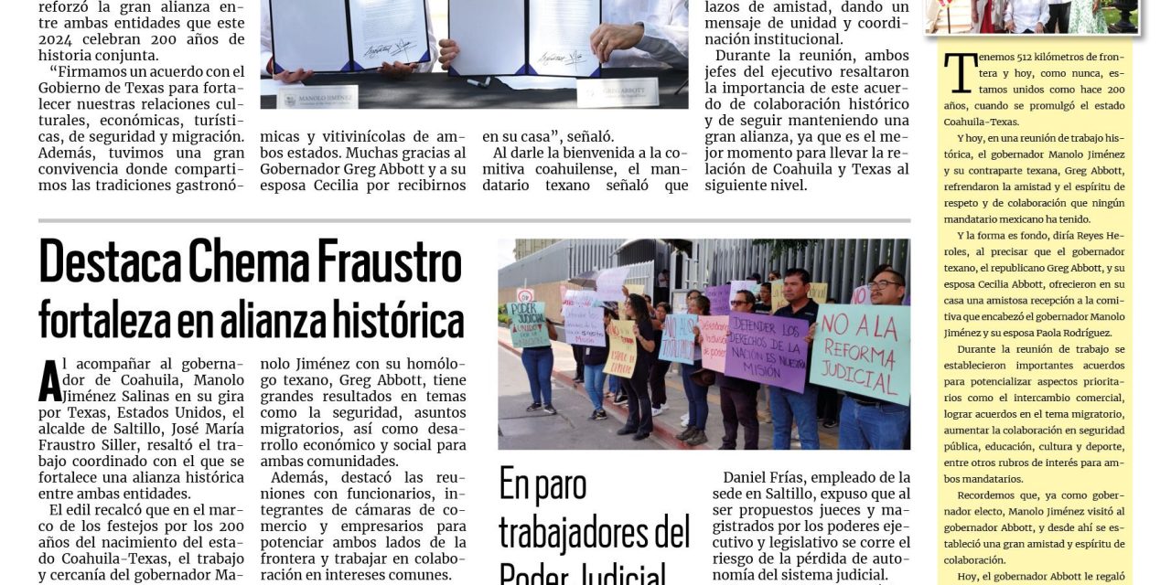 Portada RCG Media [20 de agosto de 2024] Se reúnen gobernadores de Coahuila y Texas; destaca Chema Fraustro fortaleza en alianza histórica  y más…