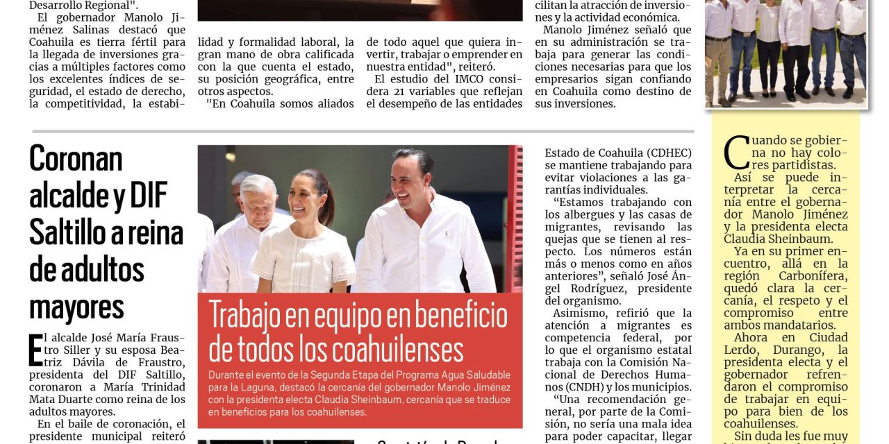 Portada RCG Media [25 de agosto de 2024] IMCO ubica a Coahuila en el Top 3 para aprovechar el nearshoring; Realizan Encuentro con Mujeres del Campo y más…