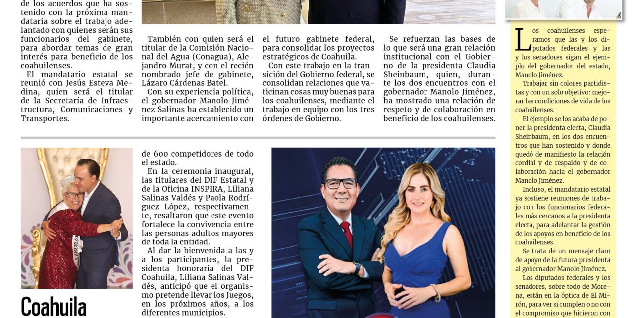 Portada RCG Media [30 de agosto de 2024] Se reúne Manolo Jiménez con miembros del gabinete de Sheinbaum; Coahuila realiza eventos para adultos mayores y más…