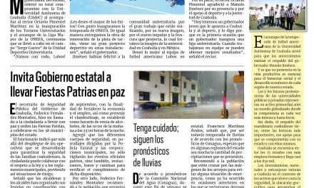 Portada RCG Carbonífera [15 de septiembre de 2024] Reitera Manolo Jiménez su total compromiso con la UAdeC; Invita Diana Haro a celebrar la Independencia en Sabinas y más…