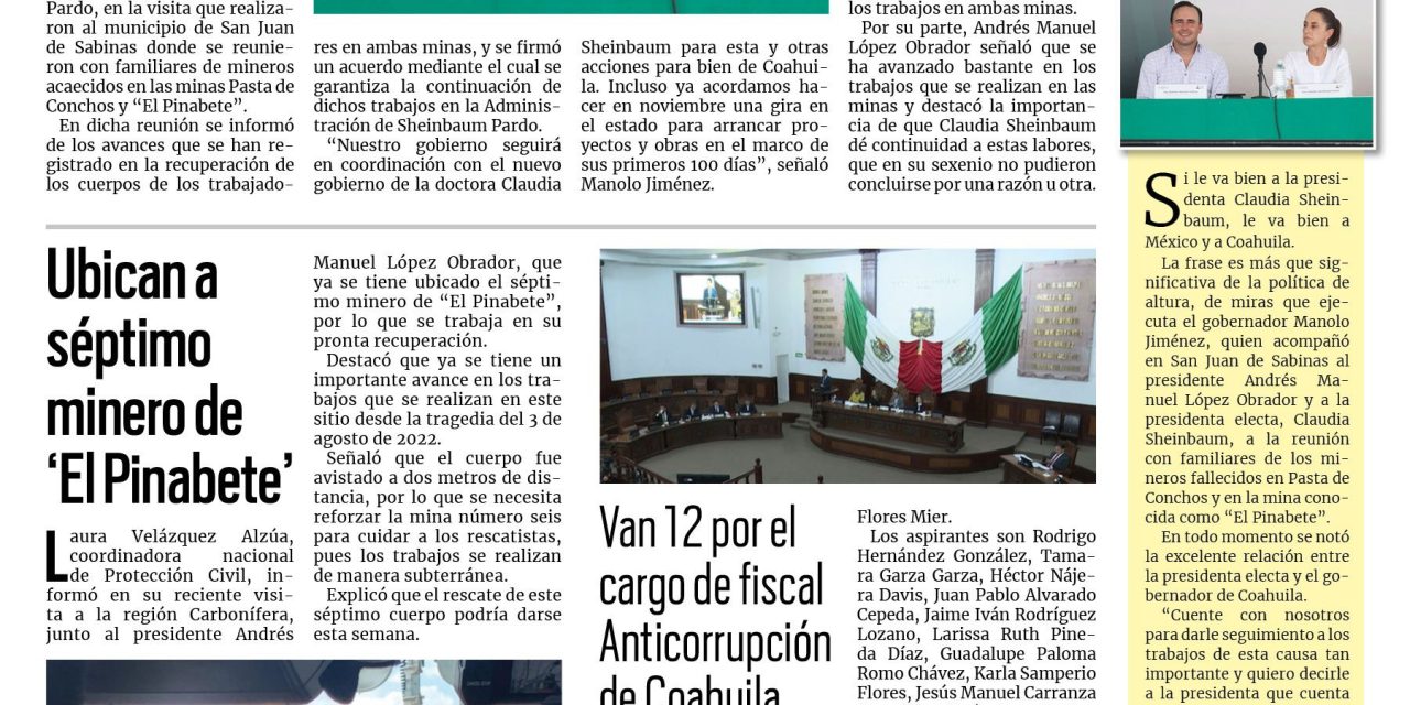Portada RCG Centro [24 de septiembre de 2024] Manolo Jiménez y Claudia Sheinbaum reiteran compromiso por Coahuila; fallece menor en Monclova por presunto dengue y más…