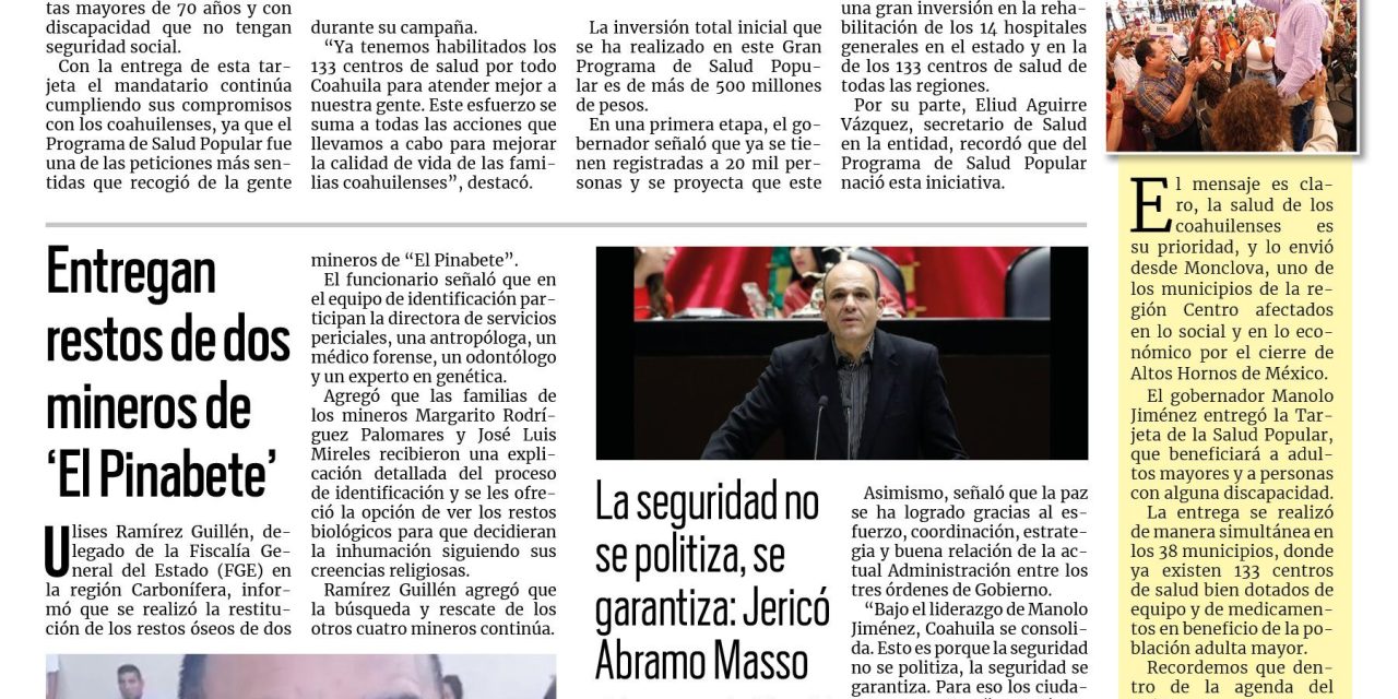 Portada RCG Carbonífera [25 de septiembre de 2024] Manolo Jiménez inicia entrega de la Tarjeta de la Salud Popular; entregan la Tarjeta de la Salud Popular  y más…