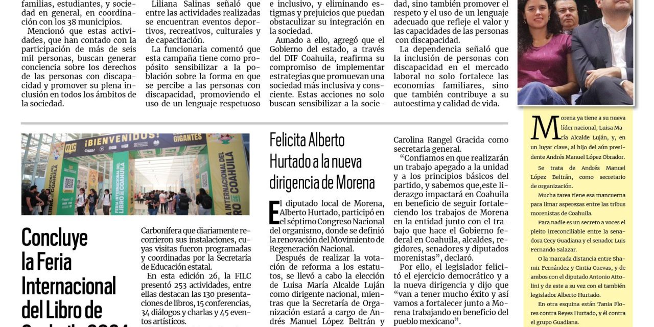 Portada RCG Centro [23 de septiembre de 2024] DIF Coahuila promueve la inclusión de toda la población; continuará juicio contra excomandante y más…