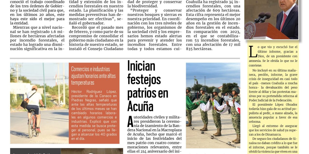 Portada RCG Fronteriza [02 de septiembre de 2024] Incendios forestales continúan a la baja en Coahuila; refuerzan operativos viales en Acuña  y más…