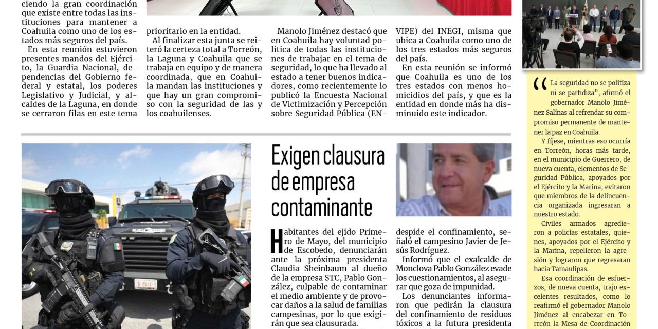 Portada RCG Fronteriza [27 de septiembre de 2024] Mantenemos a Coahuila seguro y en orden: Manolo Jiménez; inicia el Programa de Apoyo de Semilla de Avena Forrajera  y más…