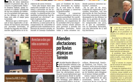 Portada RCG Lagunera [02 de septiembre de 2024] Incendios forestales continúan a la baja en Coahuila; destaca maestra lagunera por instrucción docente y más…