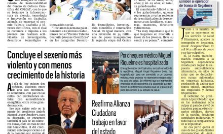 Portada RCG Lagunera [03 de septiembre de 2024] En Coahuila se invierte en ciencia y tecnología; alistan actividades patrias y de aniversario en Torreón y más…