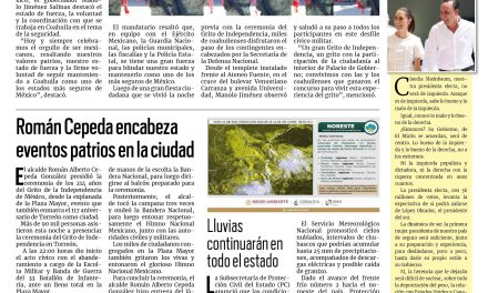 Portada RCG Lagunera [17 de septiembre de 2024] ‘Mantenemos a Coahuila seguro con coordinación, fuerza y voluntad’; realizan desfile de la Independencia en Torreón y más…