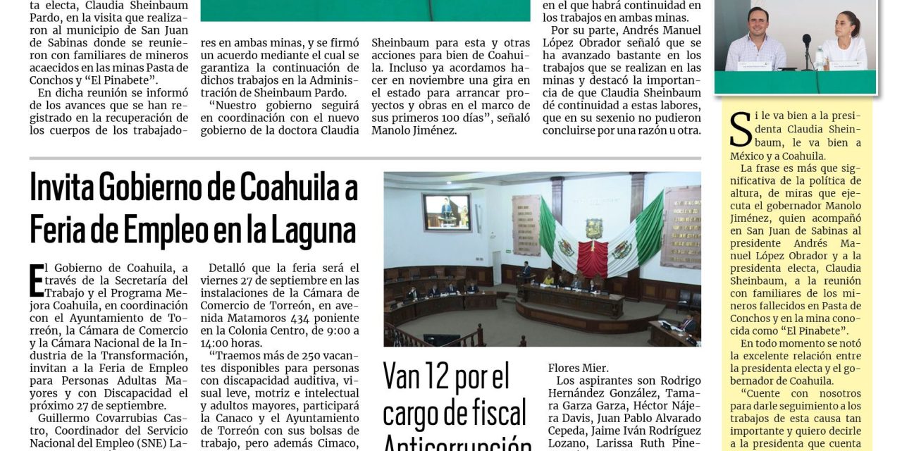 Portada RCG Lagunera [23 de septiembre de 2024]  Manolo Jiménez y Claudia Sheinbaum reiteran compromiso por Coahuila; invita Gobierno de Coahuila a Feria de Empleo en la Laguna  y más…