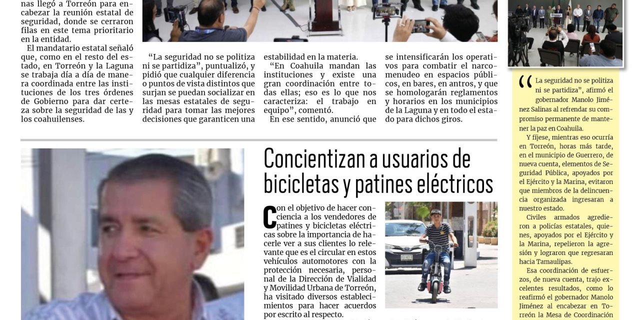 Portada RCG Lagunera [27 de septiembre de 2024] Cierran filas para mantener seguro y en orden a Torreón; continúan activas las obras de Agua Saludable para la Laguna y más…