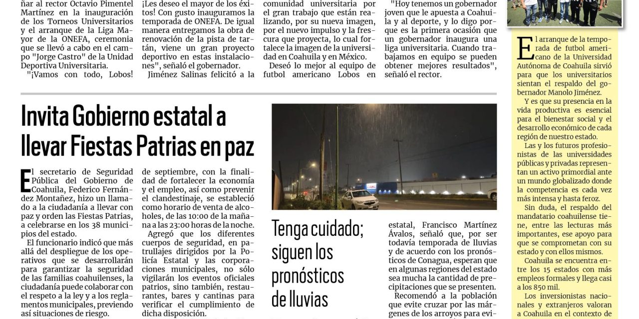 Portada RCG Media [15 de septiembre de 2024] Reitera Manolo Jiménez su total compromiso con la UAdeC; Participa Gobierno de Saltillo en FILC 2024 y más…