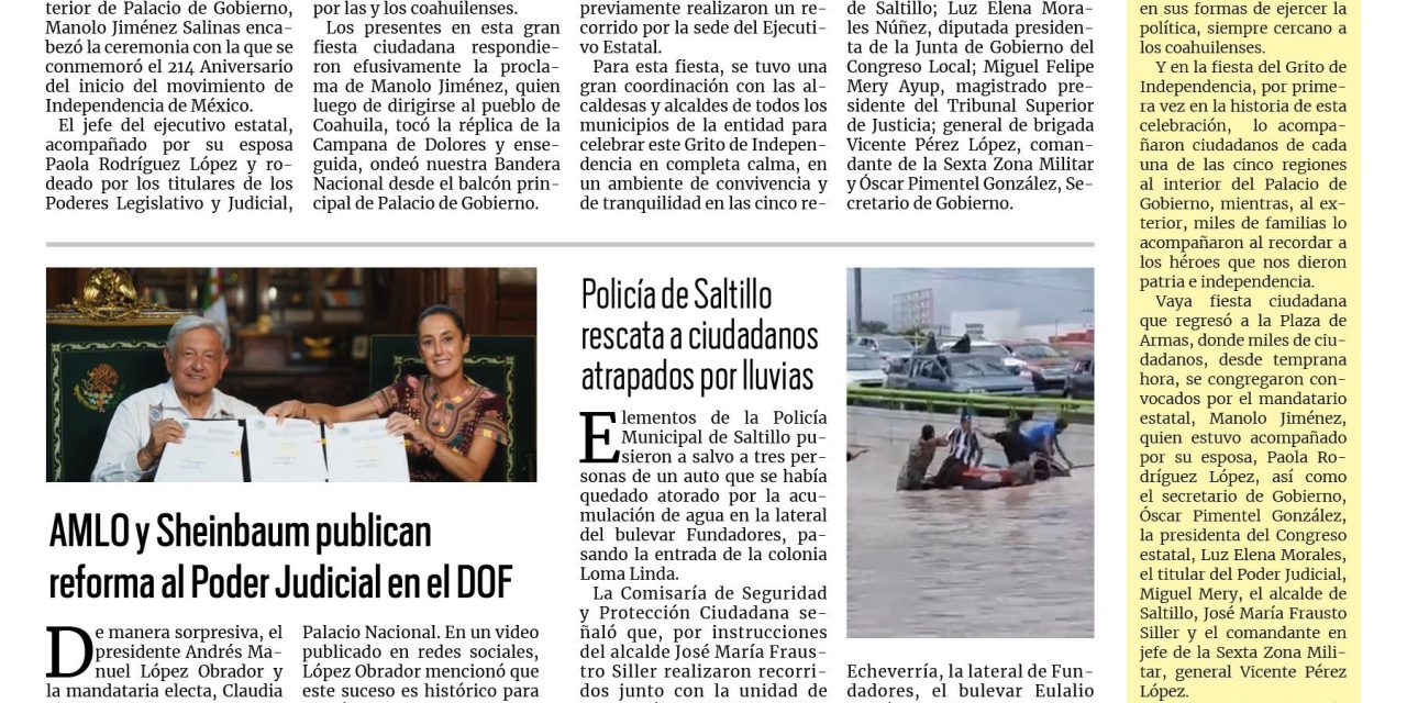 Portada RCG Media [16 de septiembre de 2024] Celebra Coahuila la Independencia de México; AMLO y Sheinbaum publican reforma al Poder Judicial en el DOF y más…