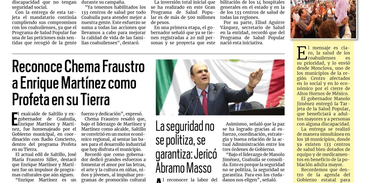 Portada RCG Media [25 de septiembre de 2024] Manolo Jiménez inicia entrega de la Tarjeta de la Salud Popular; reconoce Chema Fraustro a Enrique Martínez como Profeta en su Tierra y más…