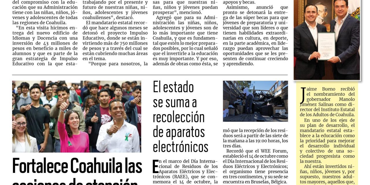 Portada RCG Centro [12 de octubre de 2024] Manolo Jiménez inicia y entrega obras en la Laguna; balean a automovilistas en la carretera 53 y más…